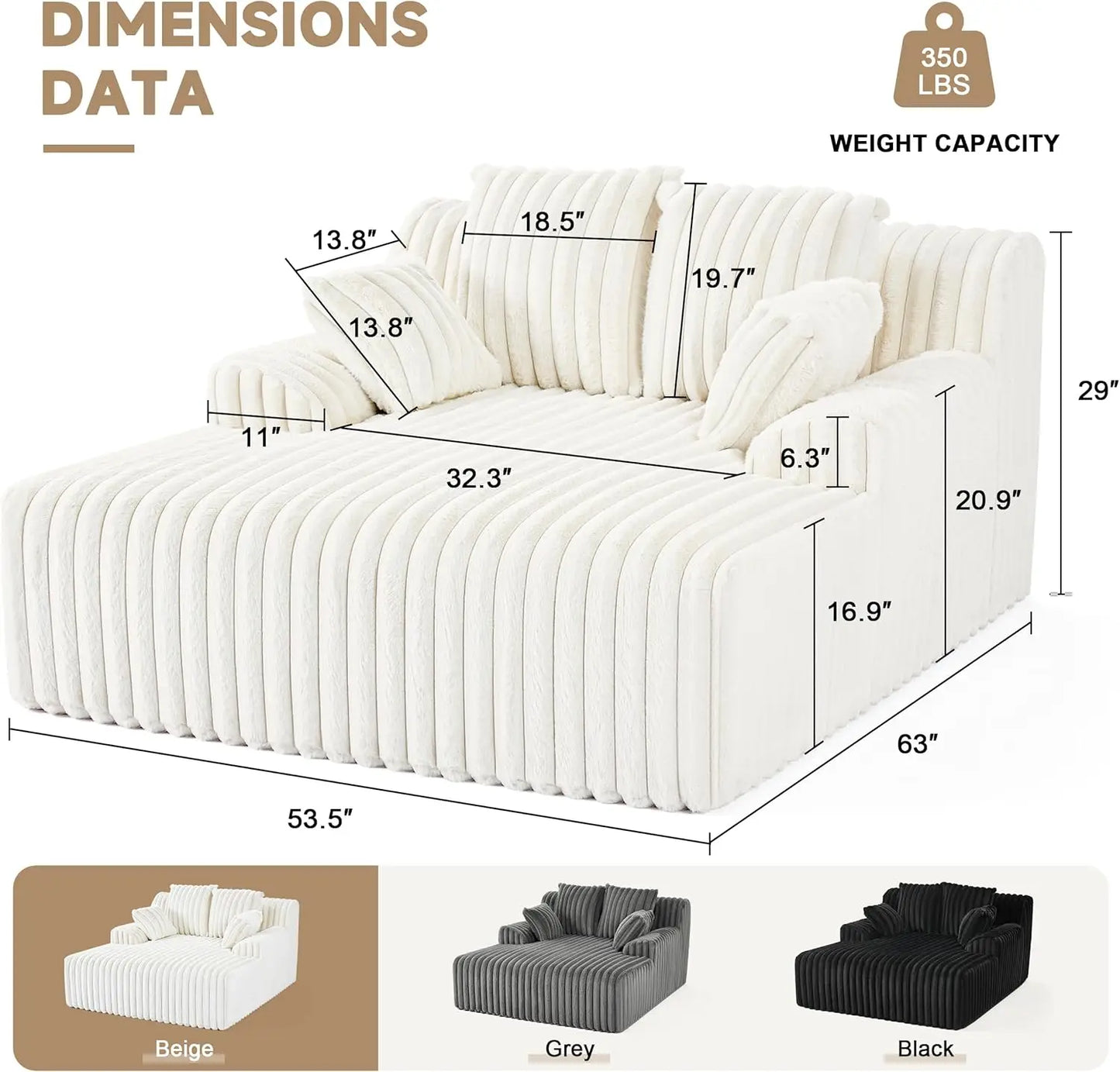 53.5”W Oversized Chaise Lounge Chair Indoor, Boneless Couch Chair with 4 Pillows, Comfy Reading Chairs with Wide Arms