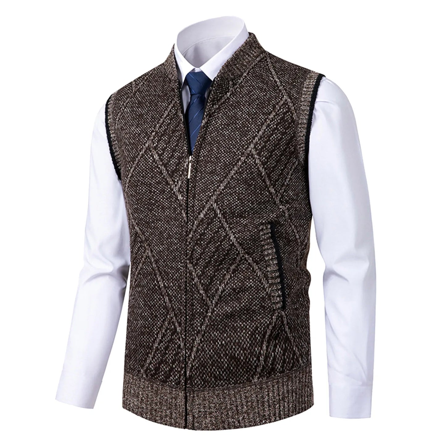 Men’s Business Casual Sweater Vest Thick Velvet Zip Cardigan
