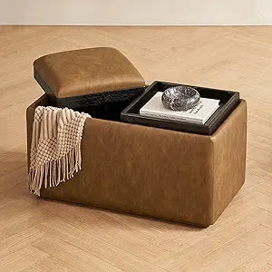 Luna Round Ottoman with Storage and Tray, Round Coffee Table with Storage, Upholstered Foot Stools Ottoman for Living Room, Bed