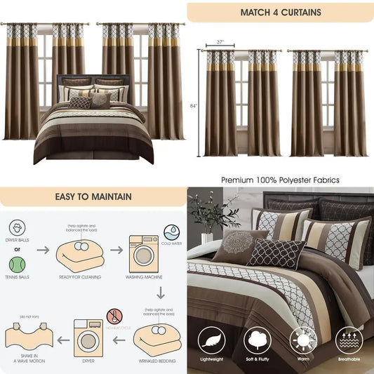 Brown Jacquard Woven Geometry 16-Piece Comforter Set with Sheets, Bedskirt, Pillow Shams - Room in a Bag Bedding Collection