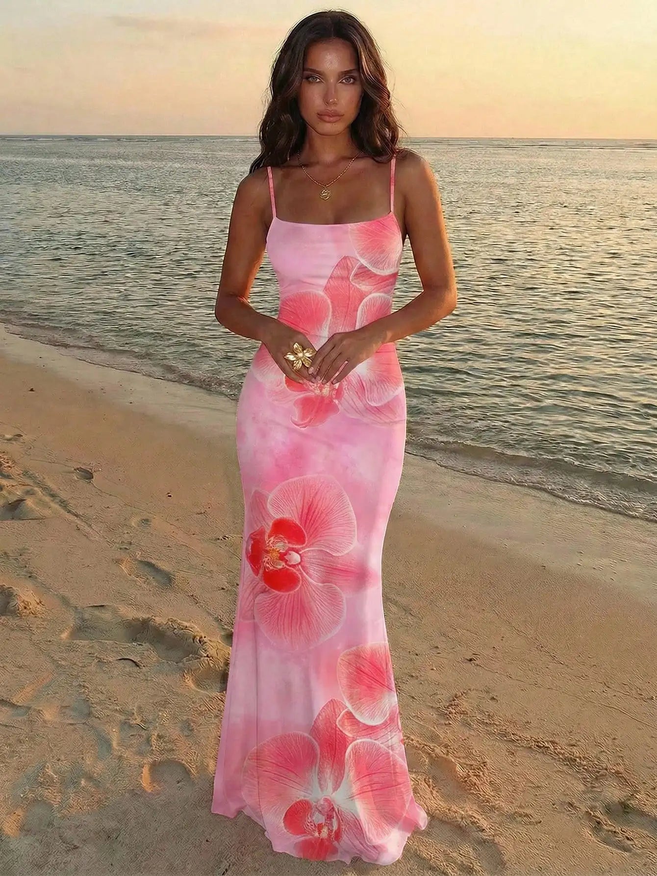 Elegant Pink Orchid Floral Print Backless Tie Strap Maxi Dress For Summer Vacation Beach Festival
