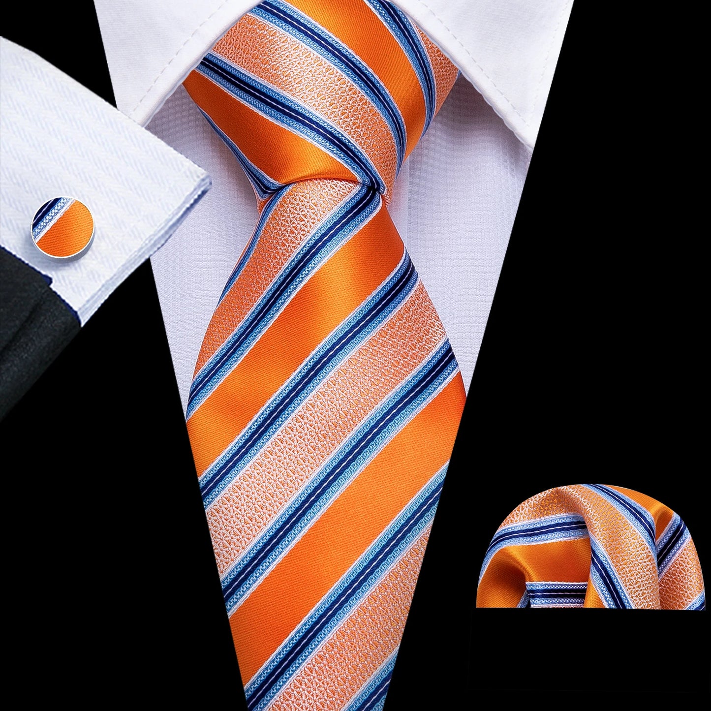 Men’s Luxury Red Striped Necktie Set. Silk Tie, Pocket Square & Cufflinks for Business, Wedding & Formal Wear