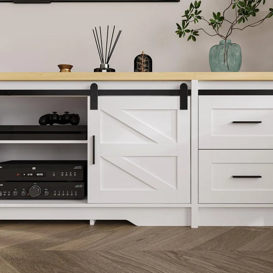 Farmhouse TV Stand for 100" TV, 94.5" Entertainment Center with Storage Drawers, Barn Doors and Cable Management, Media