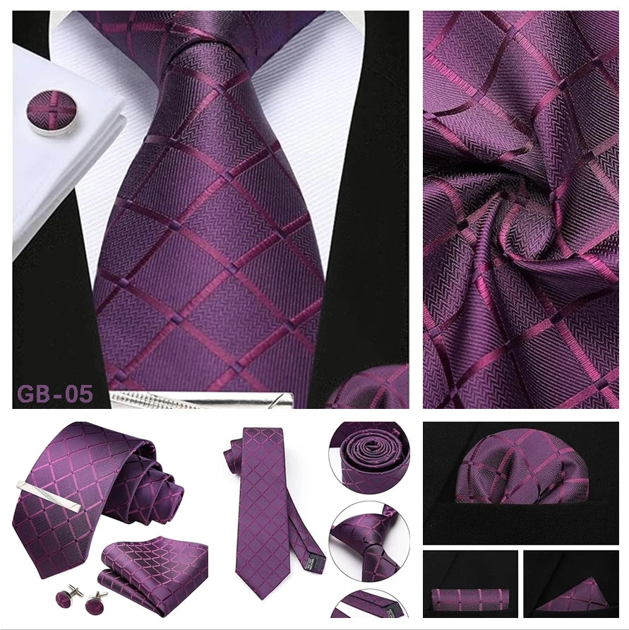 100% Silk Plaid & Checkered Men’s Tie Set with Pocket Square, Tie Clip & Cufflinks. Business & Wedding Necktie Gift Set  Optimized Description