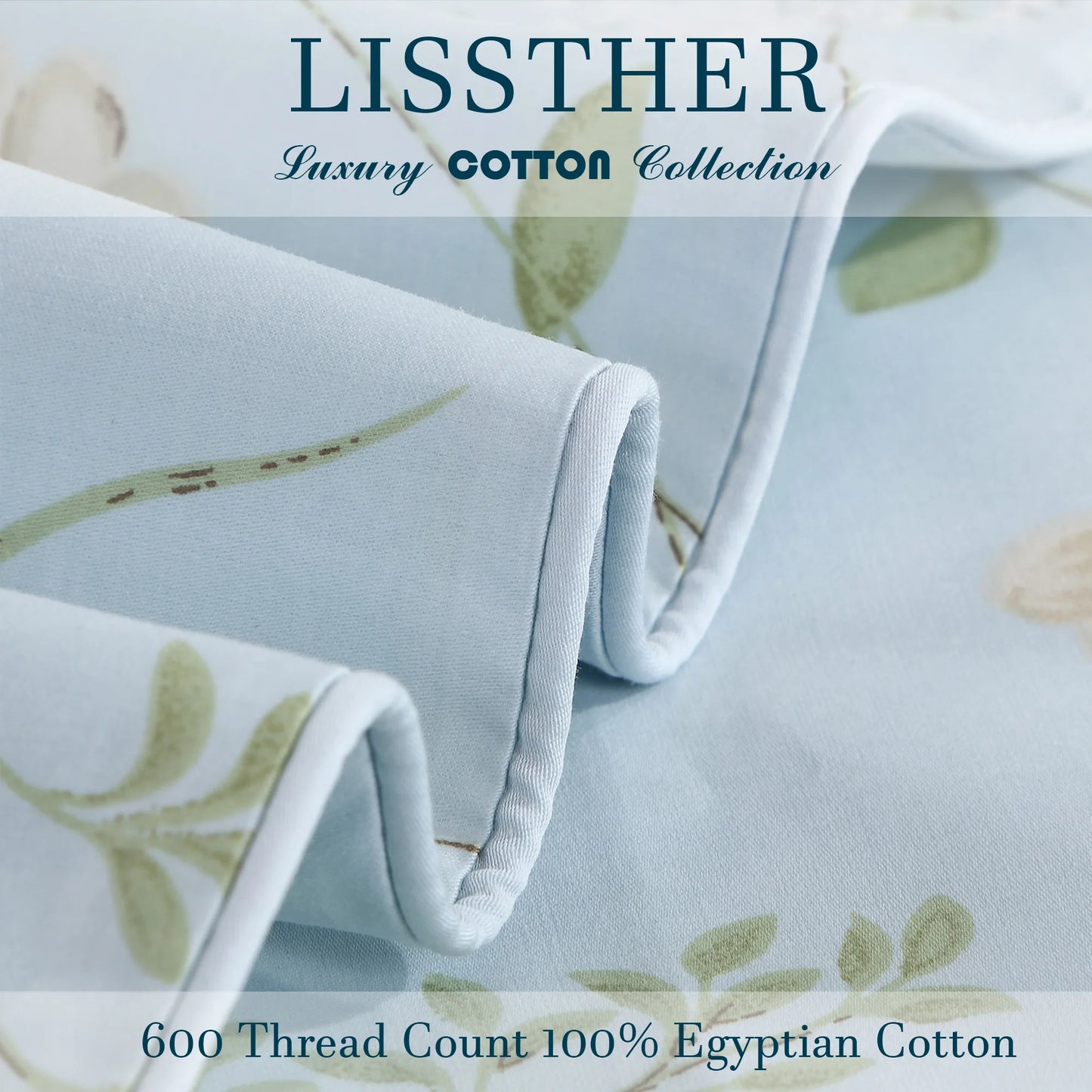 3pcs 600TC 100% Egyptian Cotton Duvet Cover Set, Light Blue Shabby Chic Floral, Soft Skin-Friendly (No Inserts)