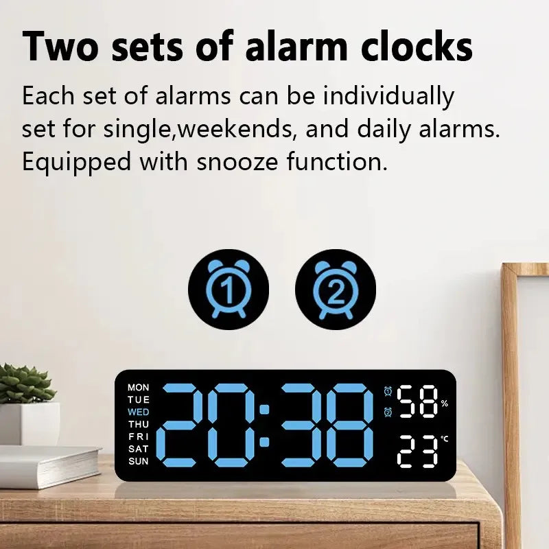 Large LED Digital Wall Clock with Temperature & Humidity Display .Smart Alarm Clock