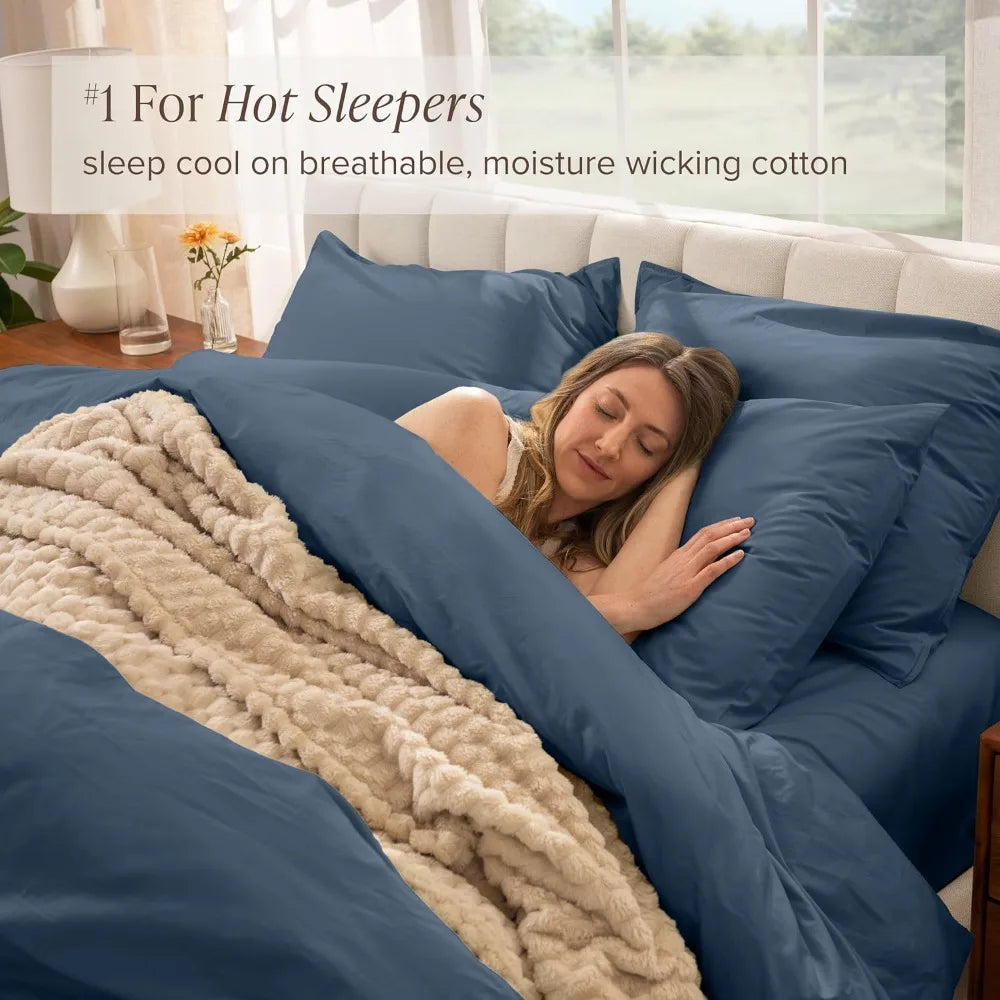 Organic Cotton Duvet Cover Set - Full/Queen Size - Lightweight Percale Weave for Breathability and Cooling Comfort