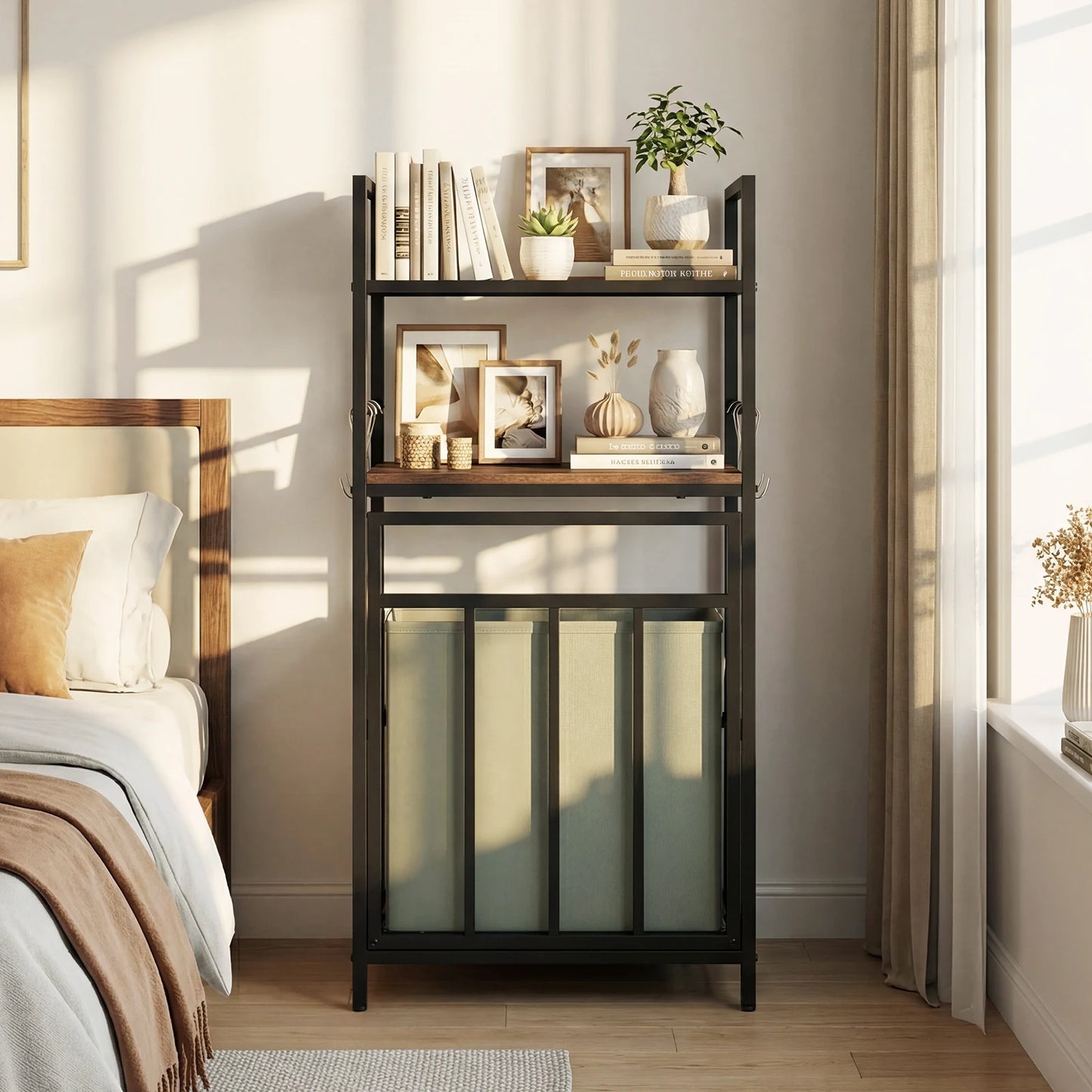 2-Tier Laundry Hamper Organizer with Tilt-Out Basket, Storage Shelf and 4 Hooks