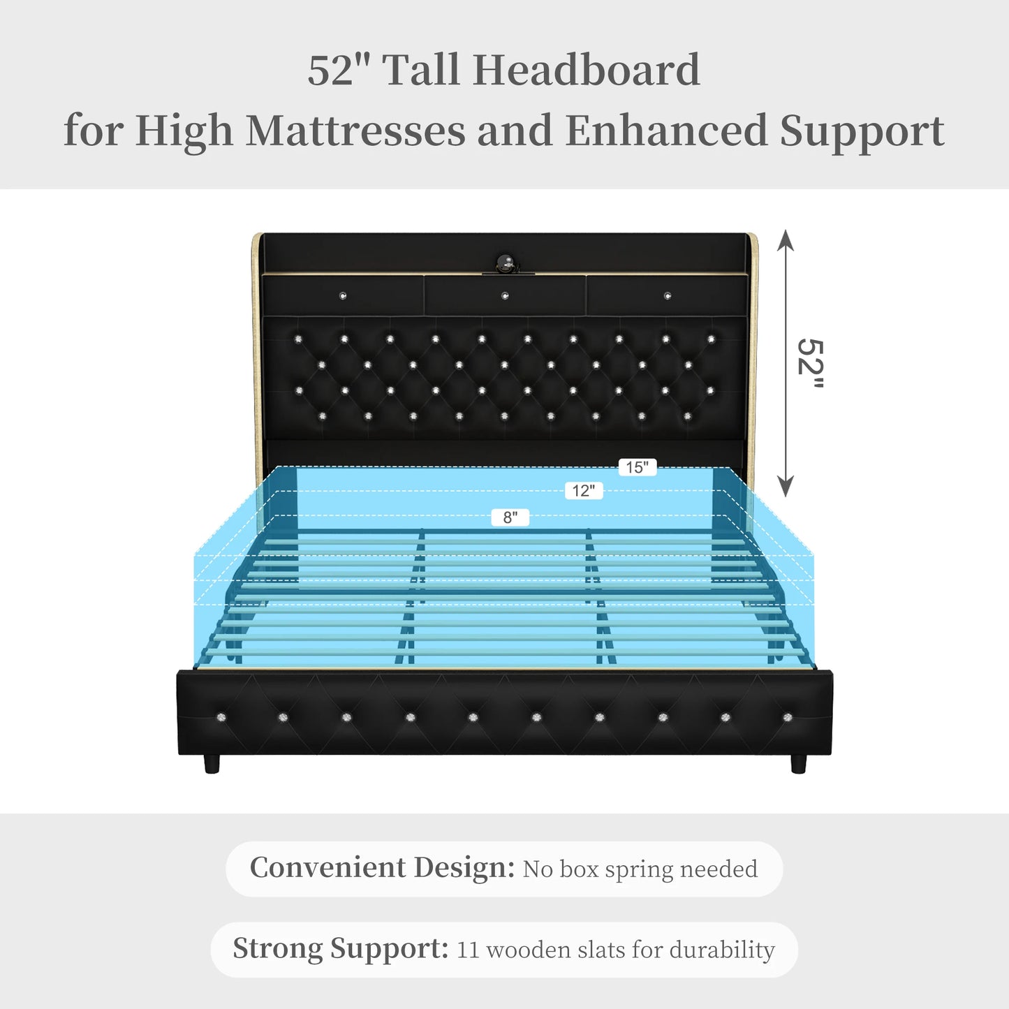 LED Bed Frame with Galaxy Star Projector, 2 Drawers, 52" PU Headboard with Charging Station, Noise Free, No Box Spring