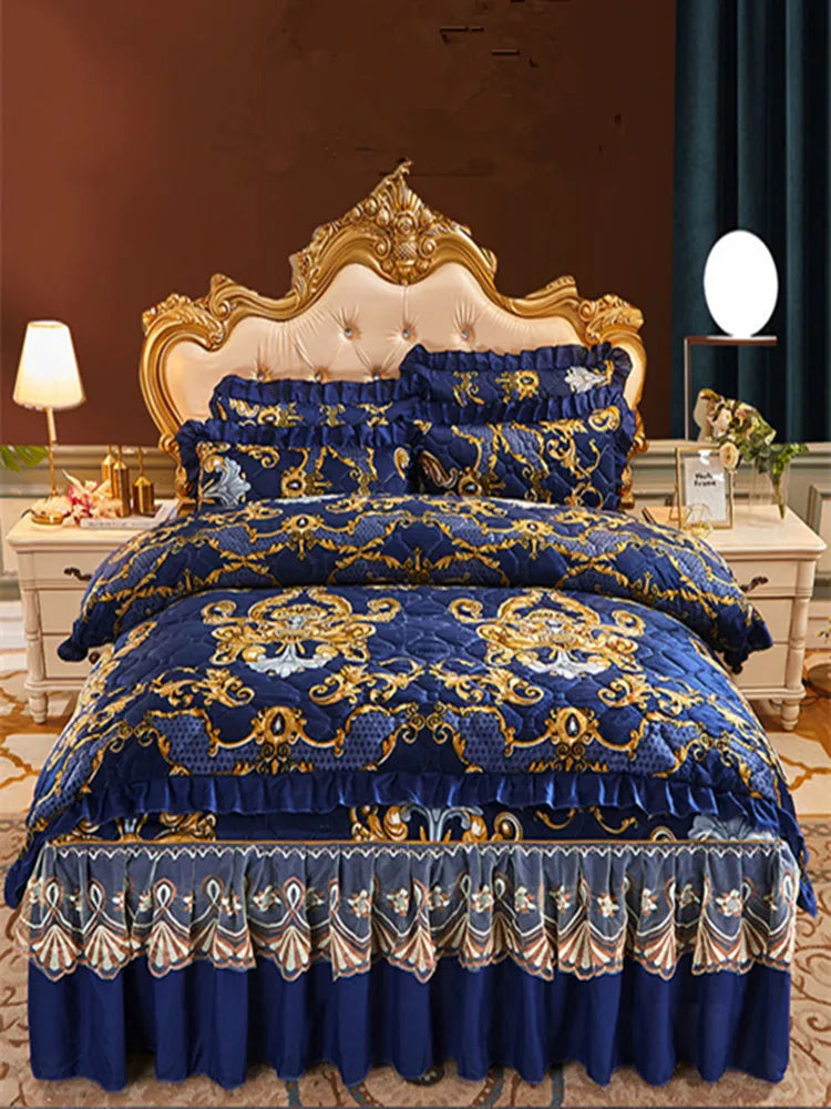 Luxury European Velvet Quilted Bed Skirt Set