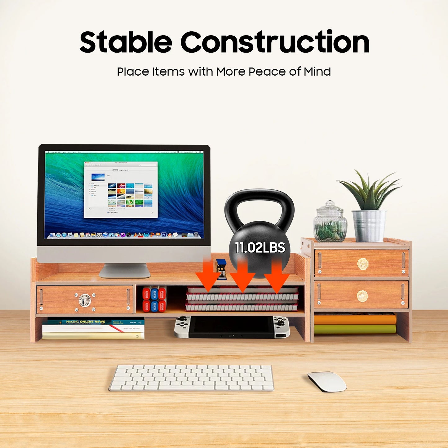 Computer Monitor Stand with Storage Drawers, Wooden Desktop Monitor Riser & Laptop Stand Organizer for Home Office