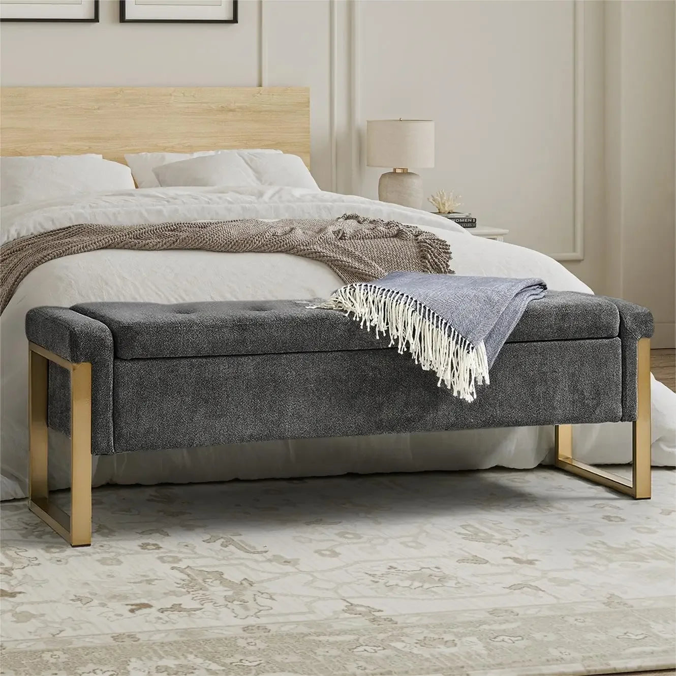Modern Storage Ottoman Bedroom Bench, End of Bed Bench with Gold Metal Legs, Upholstered Footrest Stool for Living, Dining Room