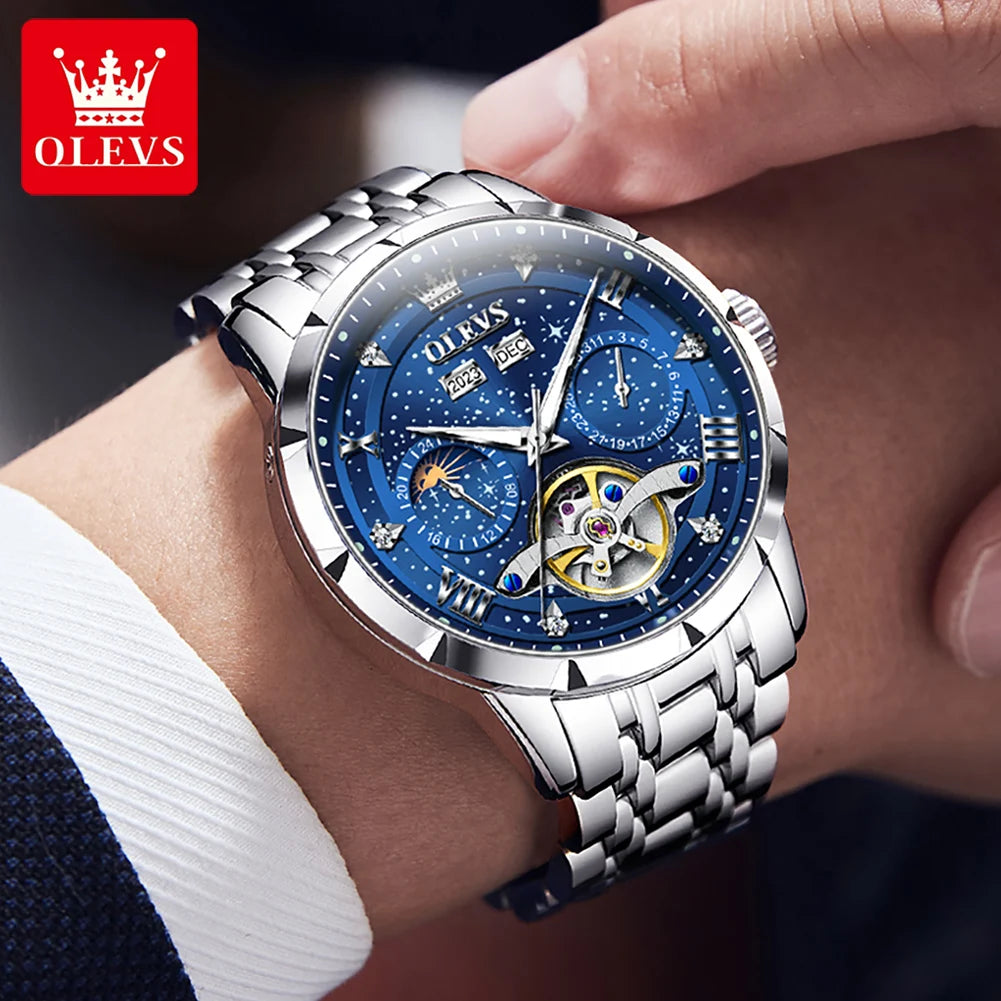 Men’s Luxury Skeleton Watch – Stainless Steel Starry Dial Design