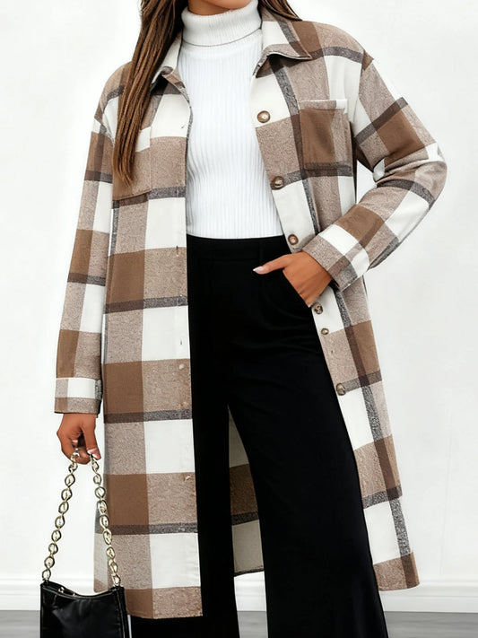 Women s Plaid Oversized Shacket with Pockets and Button Closure - Stylish Long Sleeve Coat for Casual Wear