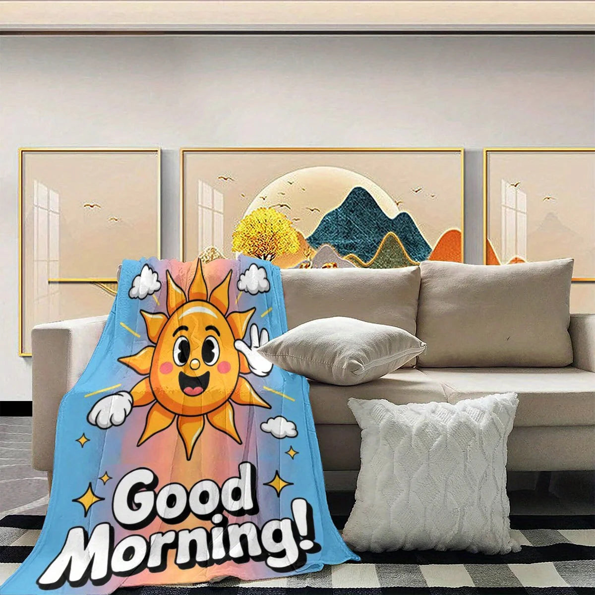 Sunshine & Rainbow “Good Morning” Cozy Flannel Throw Blanket