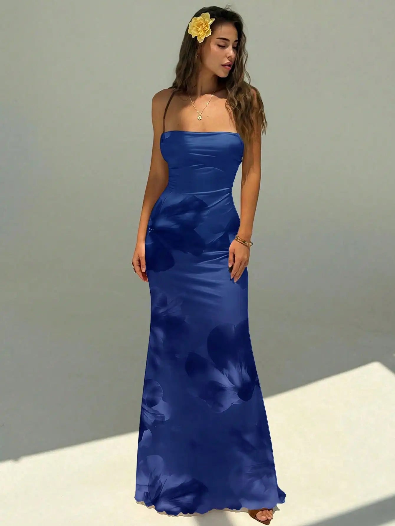 Elegant Pink Orchid Floral Print Backless Tie Strap Maxi Dress For Summer Vacation Beach Festival