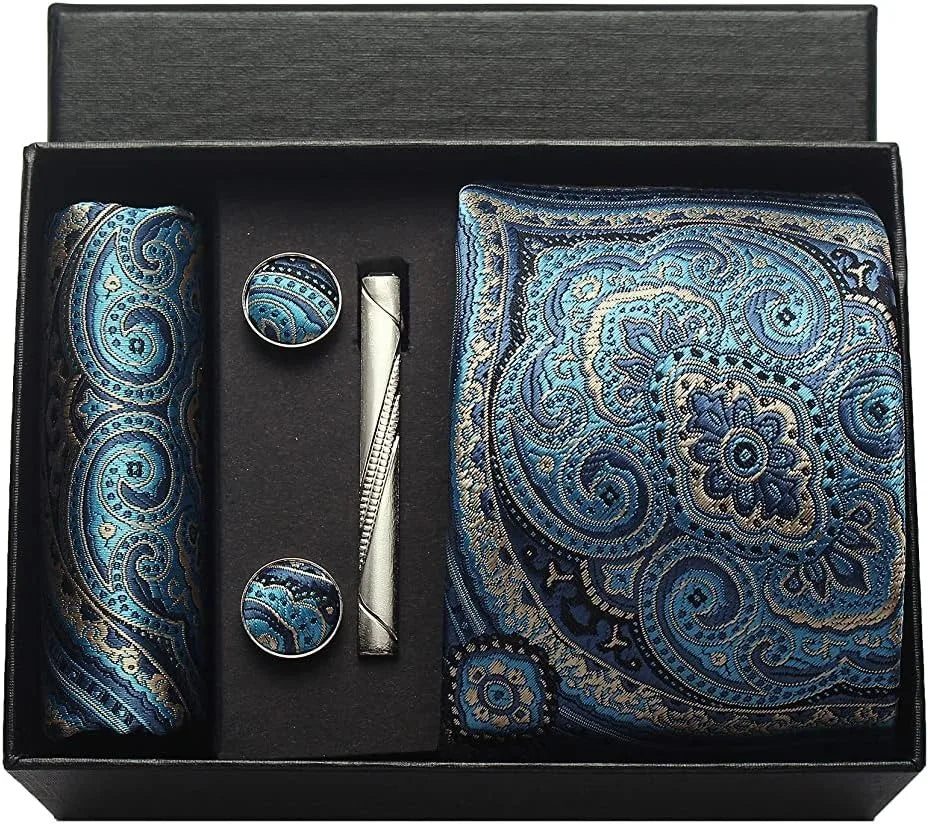 Luxury 100% Silk Paisley Floral Men’s Necktie Set | Business Tie with Matching Pocket Square & Formal Accessories