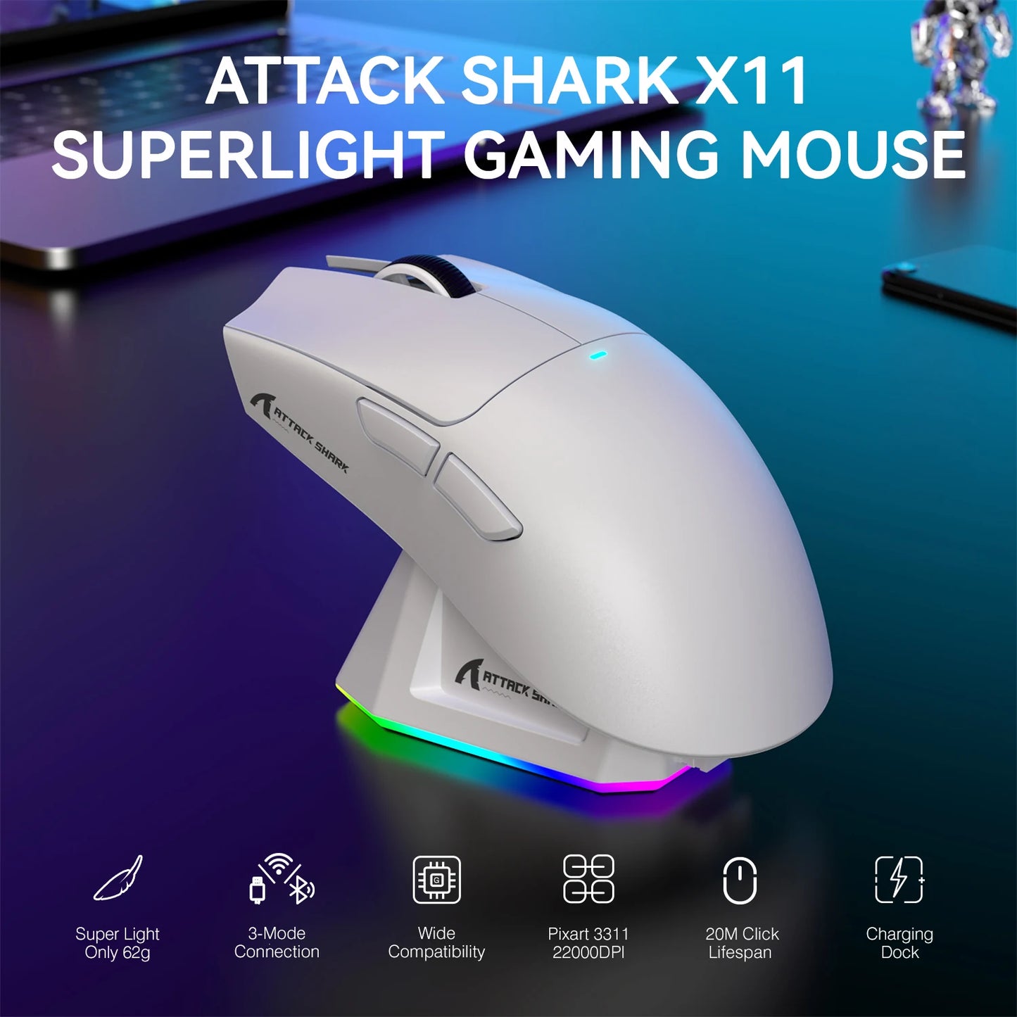 ATTACK SHARK X11 Lightweight Wireless Gaming Mouse with RGB Backlight, Rechargeable Bluetooth & 2.4GHz Mouse for PC, Mac & Laptop