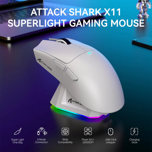 ATTACK SHARK X11 Ultra-Light Wireless Gaming Mouse with RGB Charging Dock, Tri-Mode Bluetooth, 2.4GHz & USB-C Rechargeable Mouse for PC, Mac & Laptop