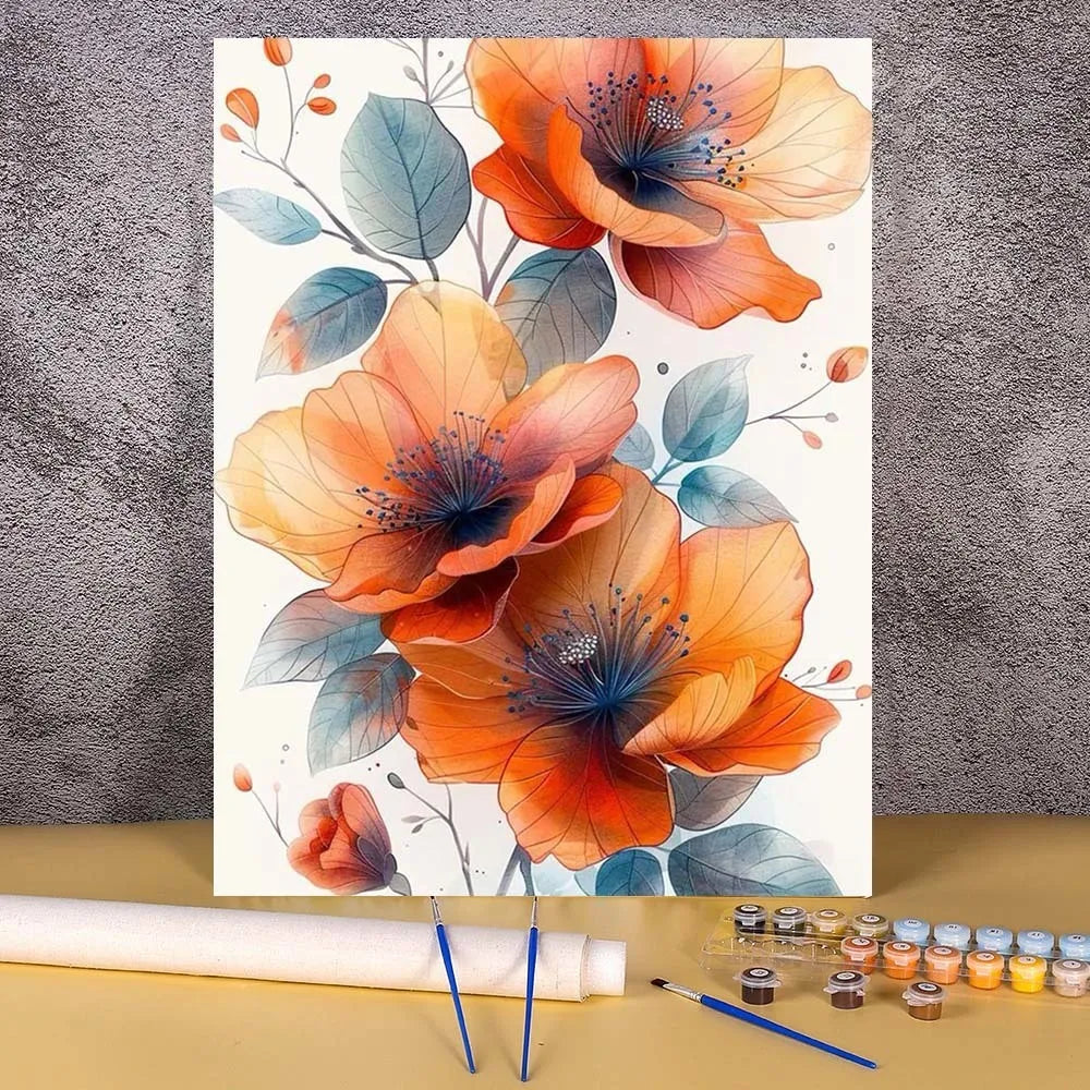 DIY Paint by Numbers Ink & Wash Flower Canvas Kit . Floral Acrylic Painting Set for Adults & Beginners Home Wall Decor Gift