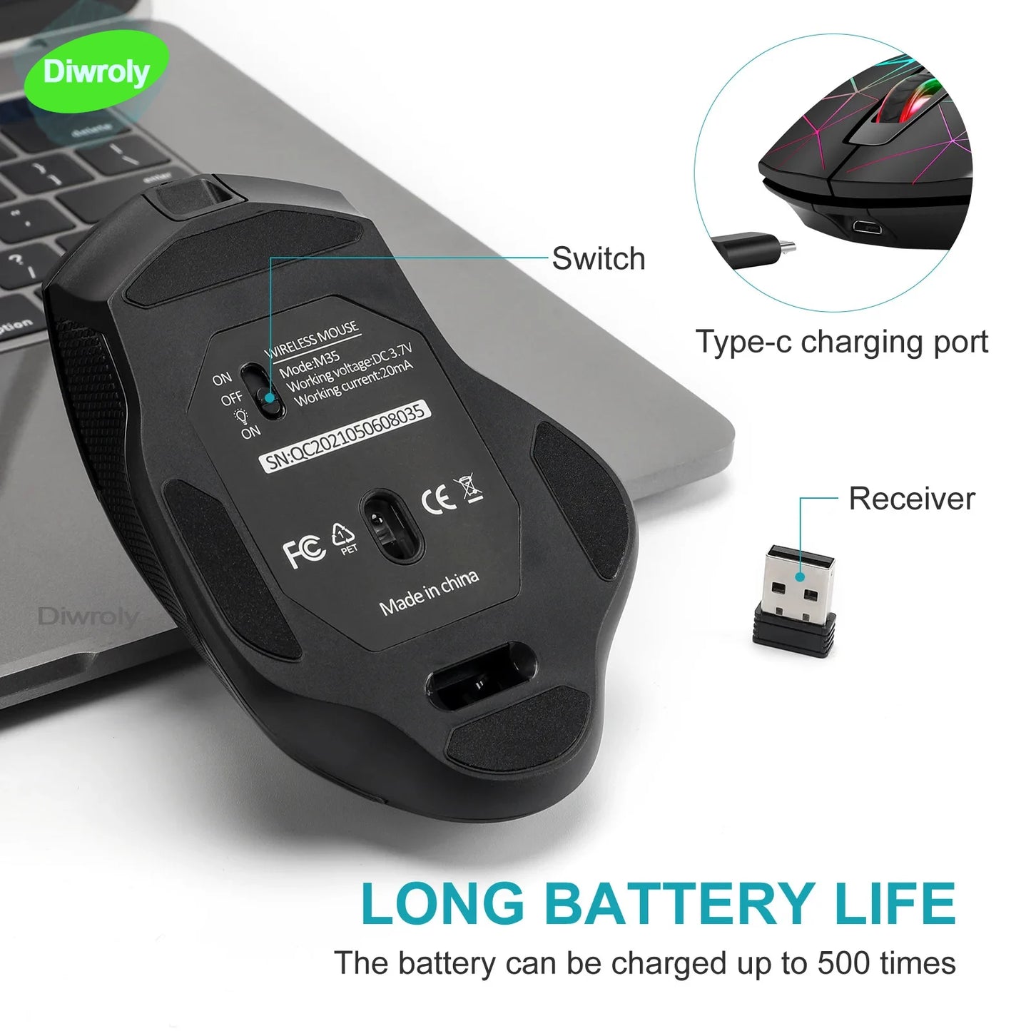 Rechargeable Wireless Gaming Mouse  Ergonomic RGB PC Mouse for Home Office & Gaming