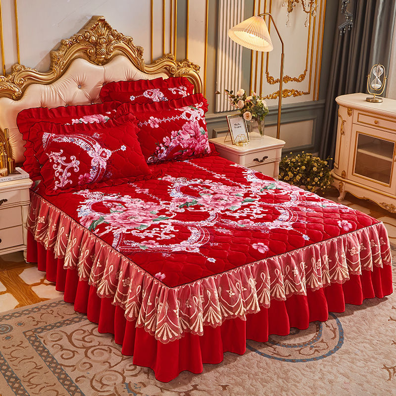 Luxury European Velvet Quilted Bed Skirt Set