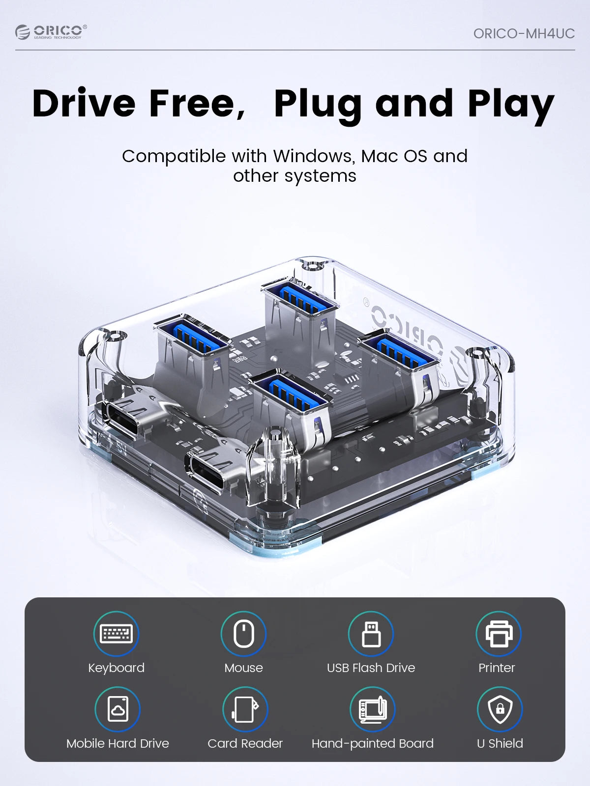 Transparent USB Hub Docking Station with High-Speed Data Transfer & Multi-Port Expansion  Description