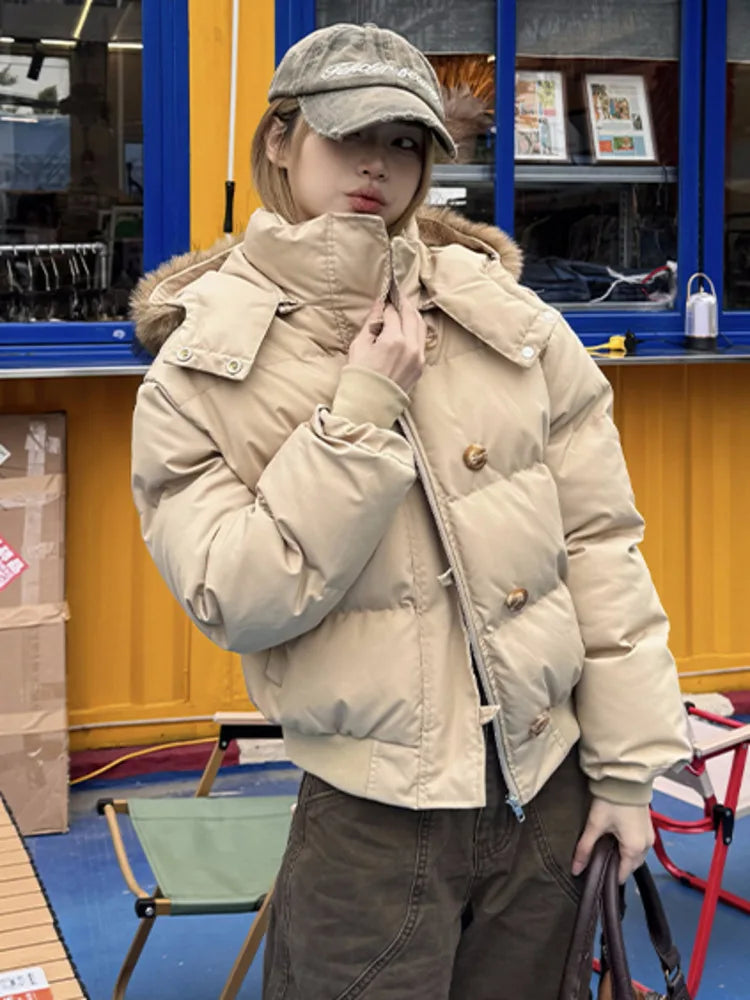 Women's Hooded Winter Puffer Jacket. Thick Padded Coat with Faux Fur Trim