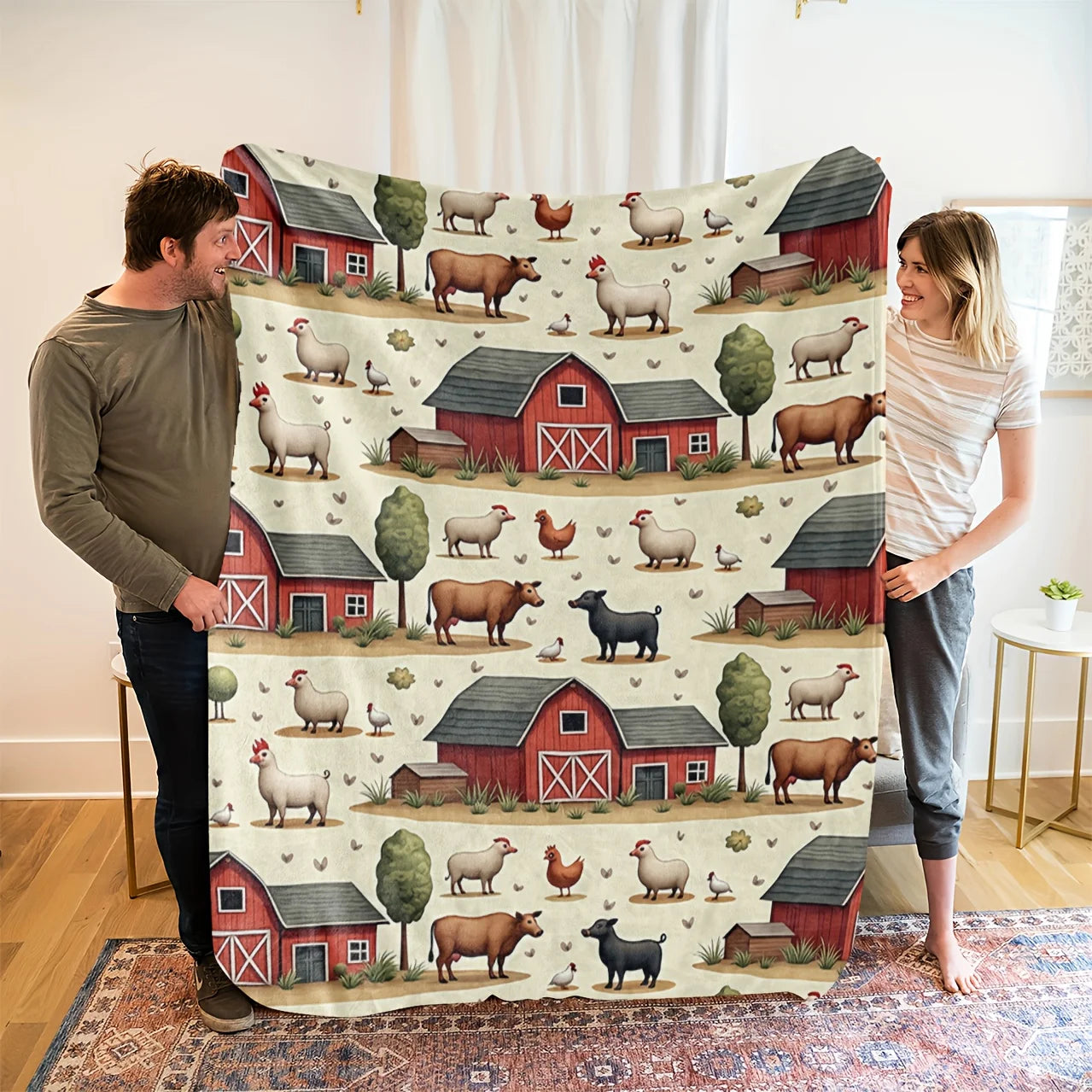 Farmhouse Country Animal Throw Blanket. Cozy Rustic Barn Print Flannel Blanket