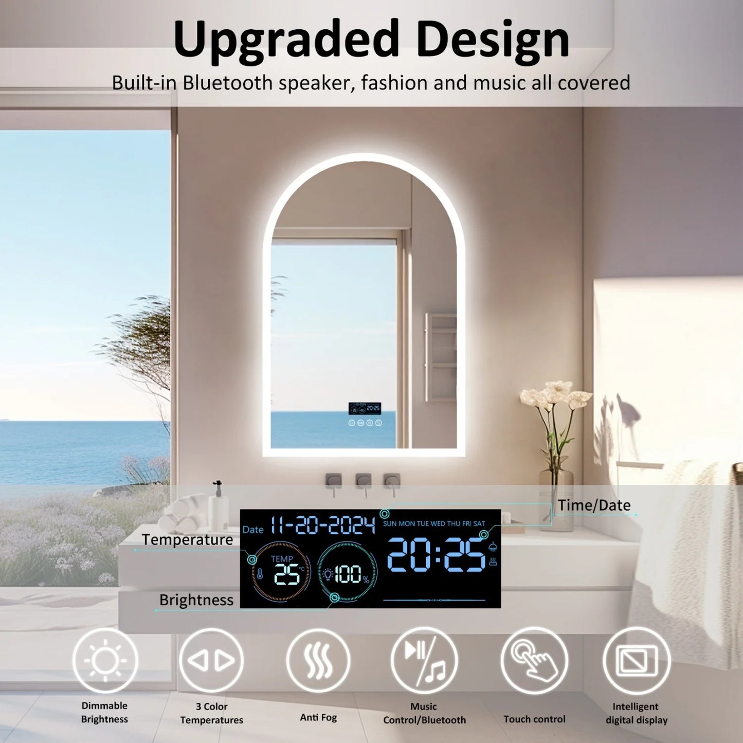 Arched LED Backlit Bathroom Mirror 60x90cm With Bluetooth