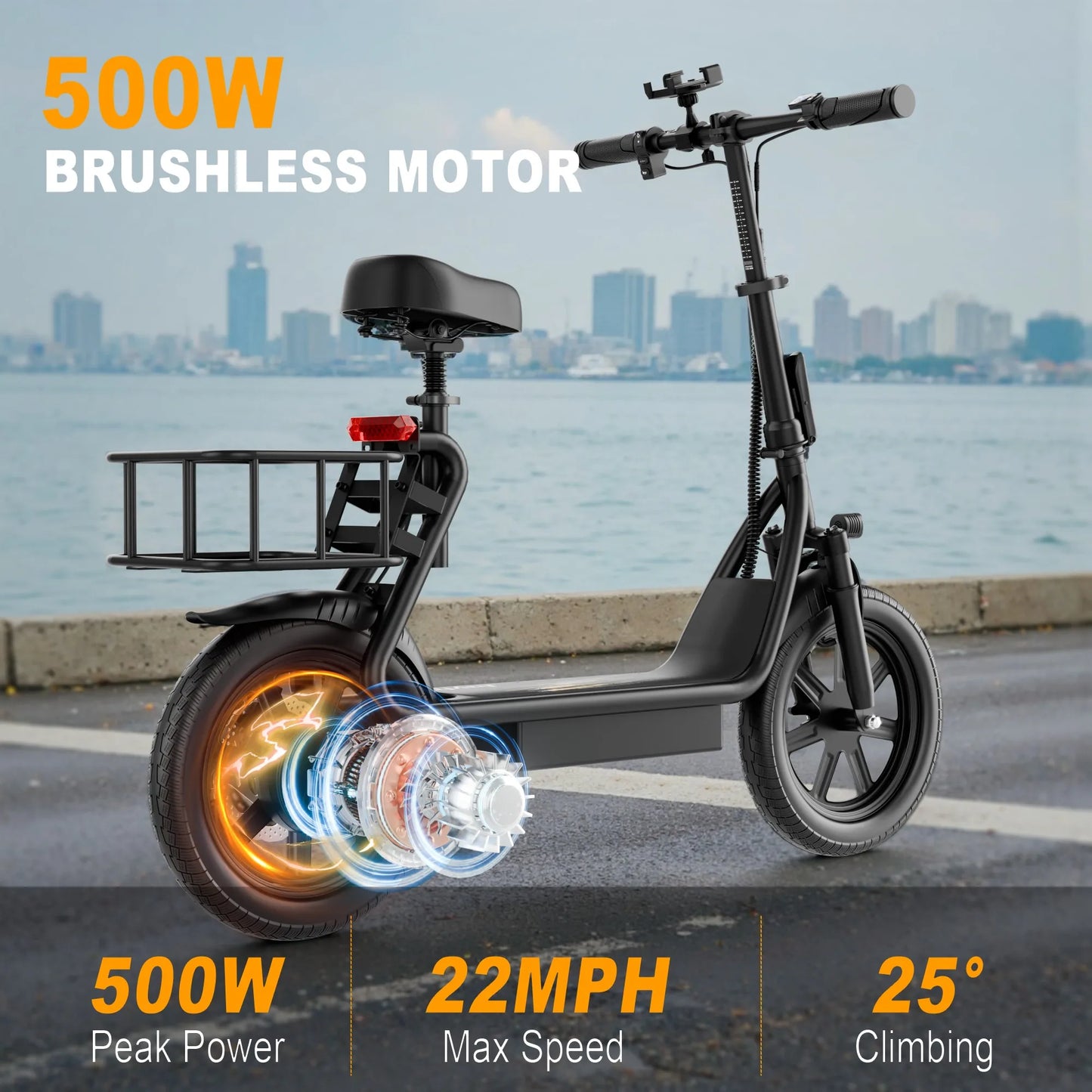 500W Electric Scooter with Seat  Folding Commuter E-Scooter for Adults, 22 MPH Top Speed & Long-Range Battery