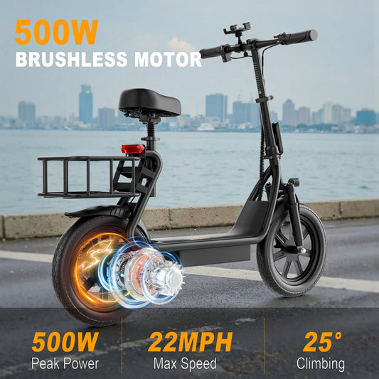 500W Electric Scooter with Seat  Folding Commuter E-Scooter for Adults, 22 MPH Top Speed & Long-Range Battery
