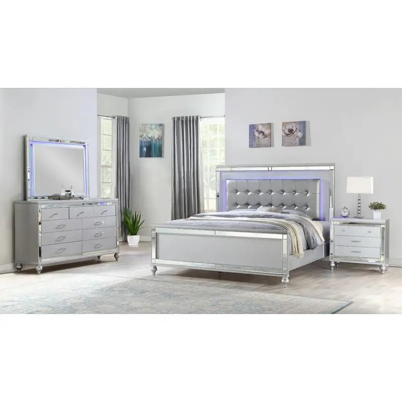 Silver 4PC LED Bedroom Set - Wooden Queen Bed, Nightstand, Dresser, Mirror