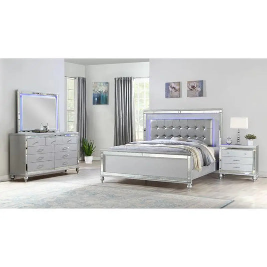 Silver 4PC LED Bedroom Set - Wooden Queen Bed, Nightstand, Dresser, Mirror