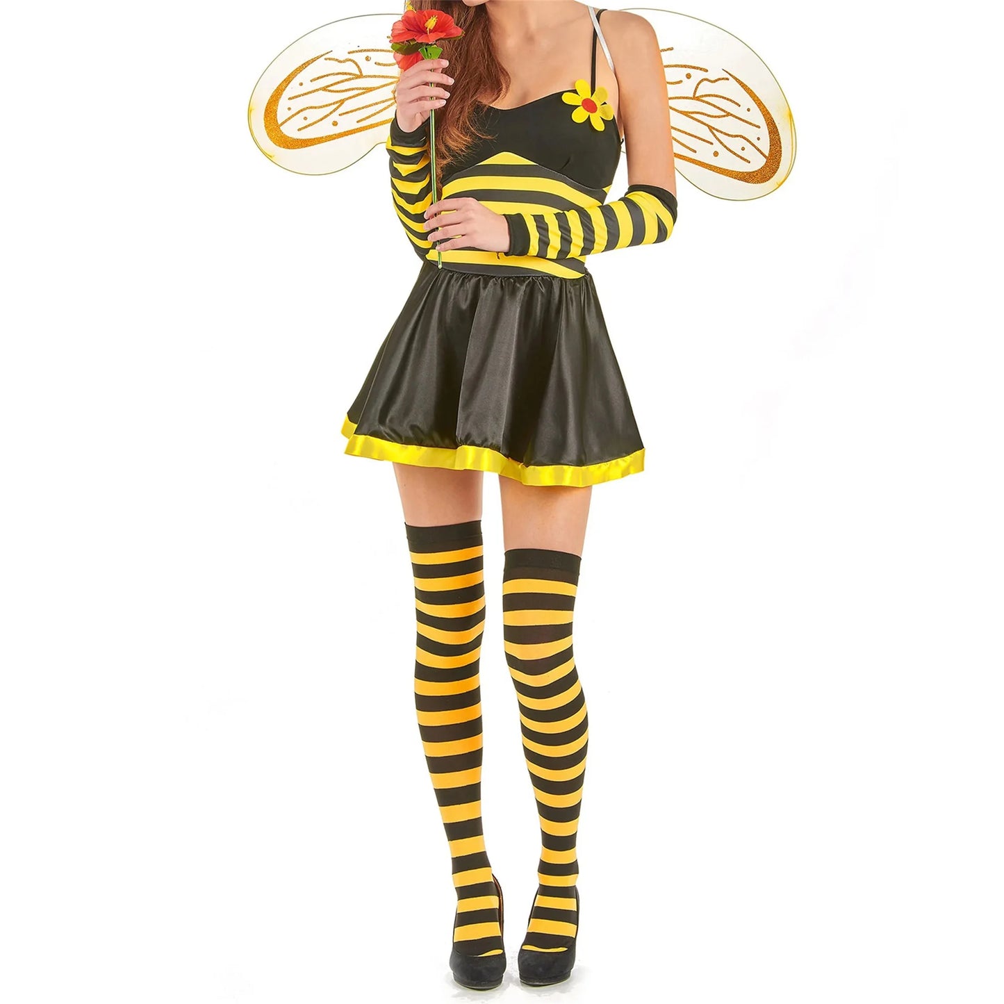 Women Halloween Ladybug Cosplay Costume Halter Dress Antenna Headband Wing Arm Sleeves Stockings Set for Costume Party Theme