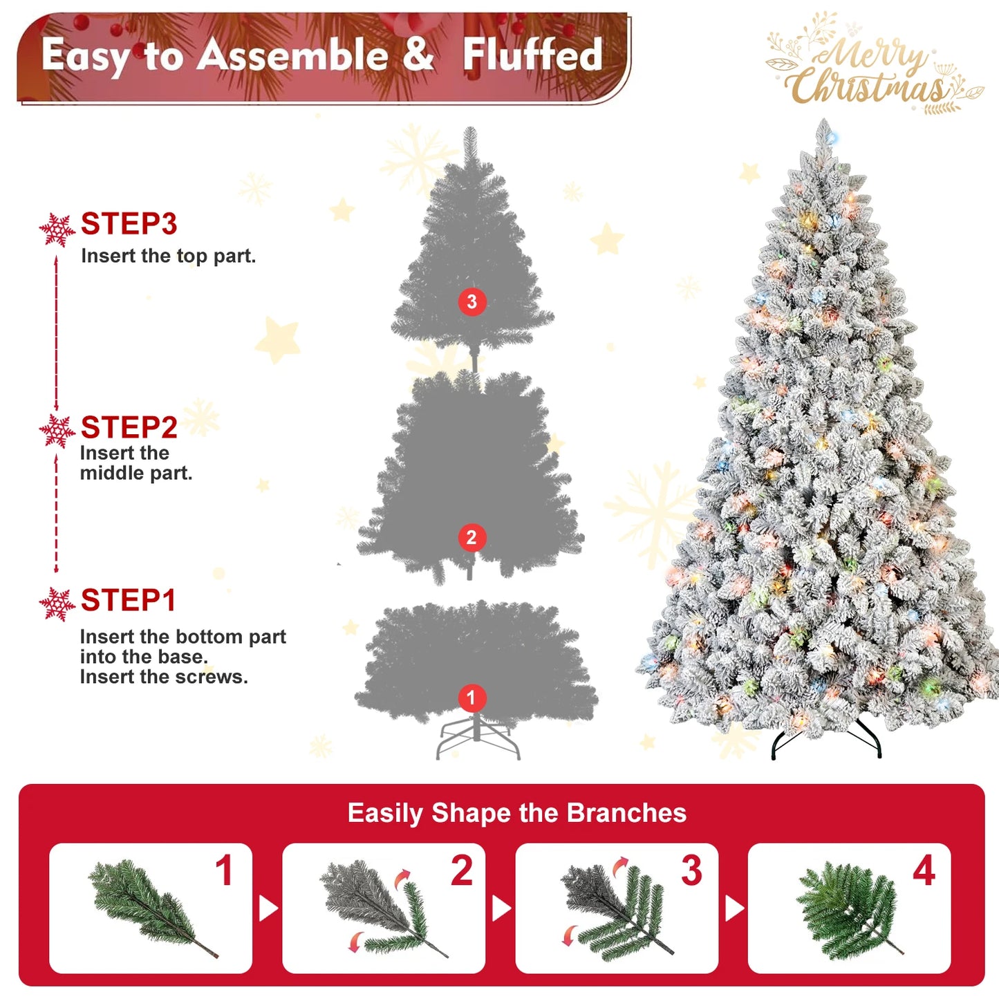 FT Pre-Lit Snow-Flocked Artificial Christmas Tree .Premium Mixed PVC Branches with Warm Holiday Lighting