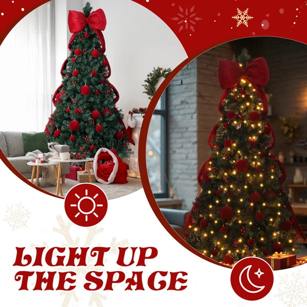 7.5 FT Pre-Lit Artificial Christmas Tree – 300 Warm White LED Lights with Red Ribbon, Holiday Home Décor & Metal Stand