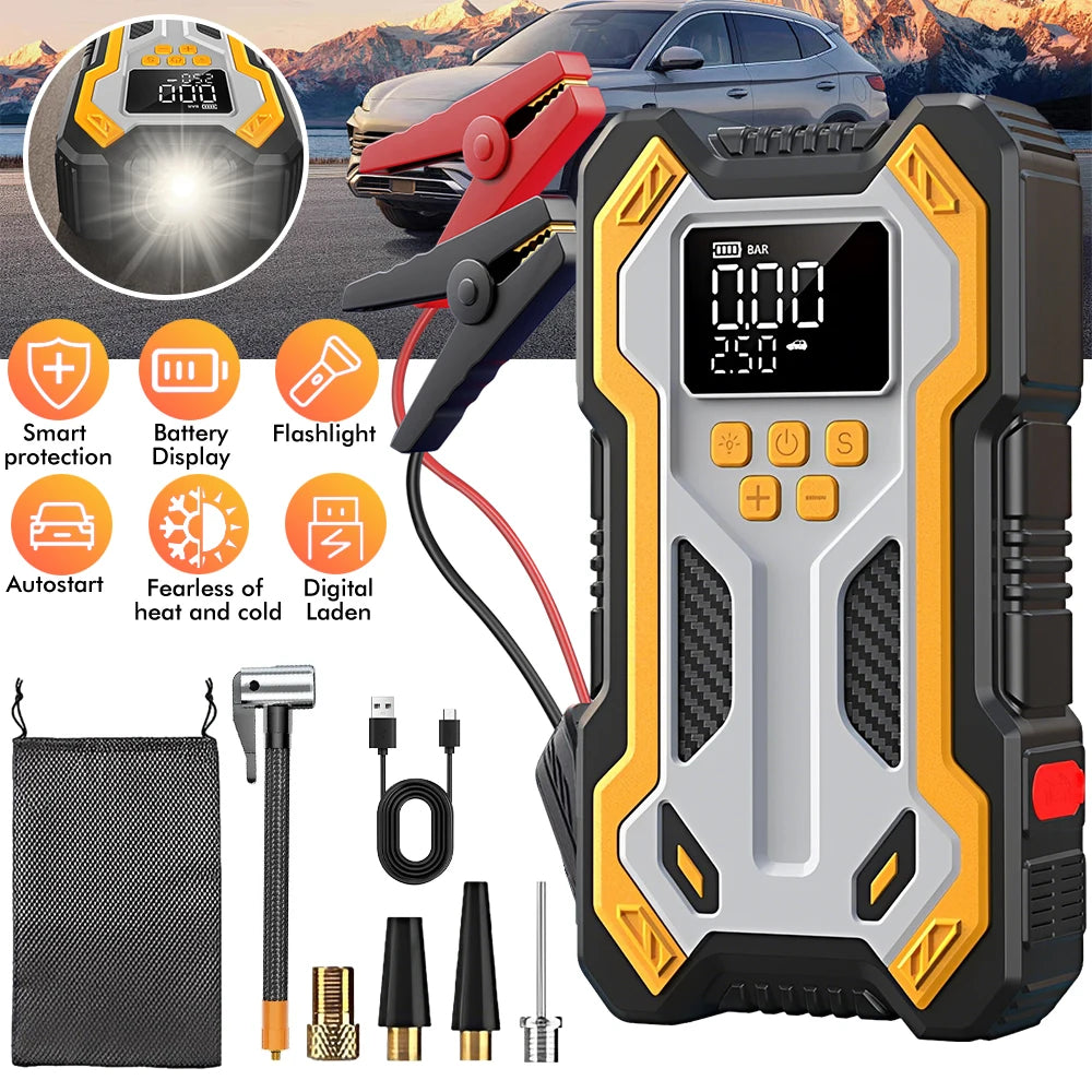 Portable Car Jump Starter with Digital Tire Inflator | 12V Battery Booster Pack | Air Compressor | LED Flashlight | USB Power Bank