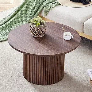 Round Coffee Table, Modern Black Side Table End Table for Living Room, Wood Circle Drum Coffee Table with Handcrafted Relief,