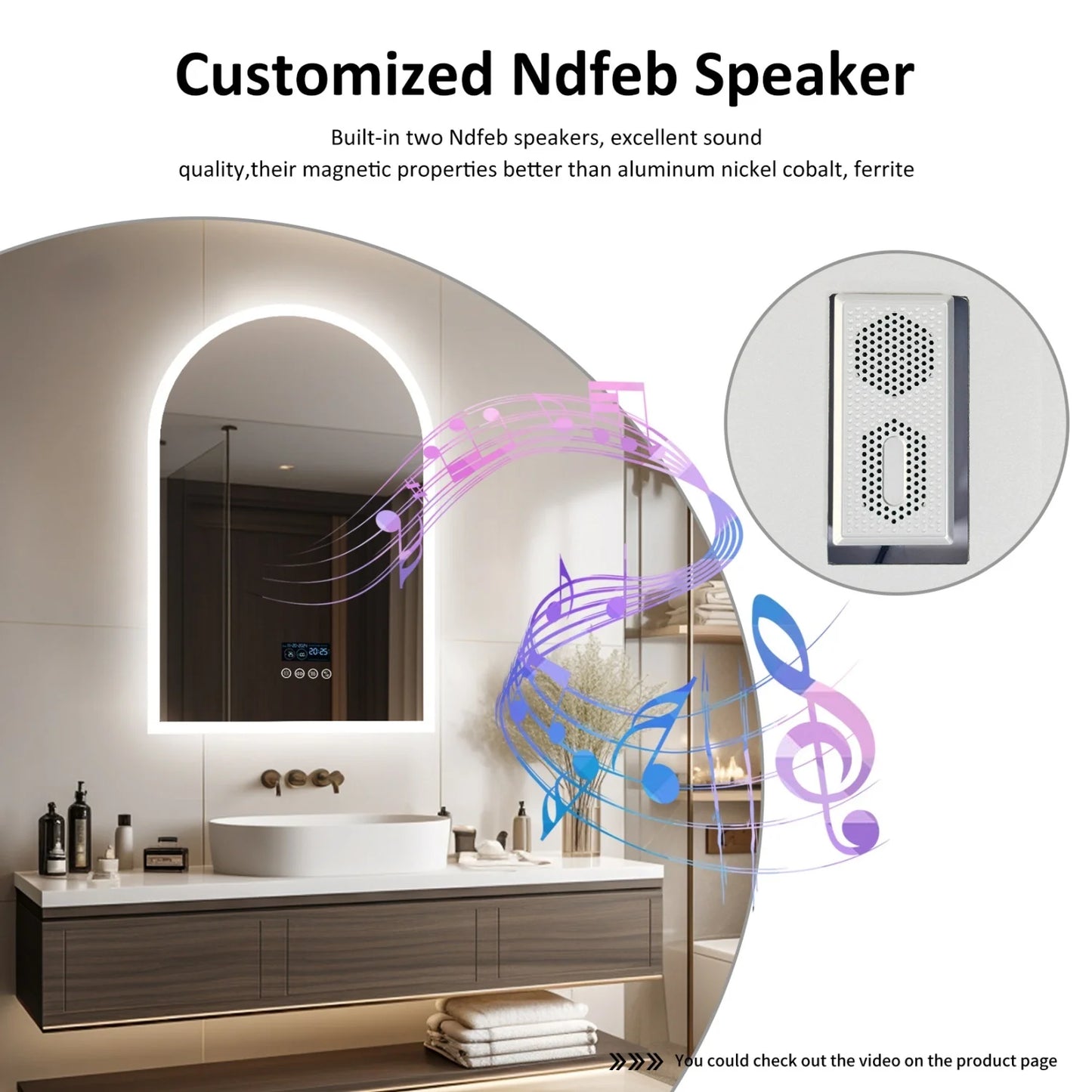 Arched LED Bathroom Mirror With Bluetooth Display Date Time
