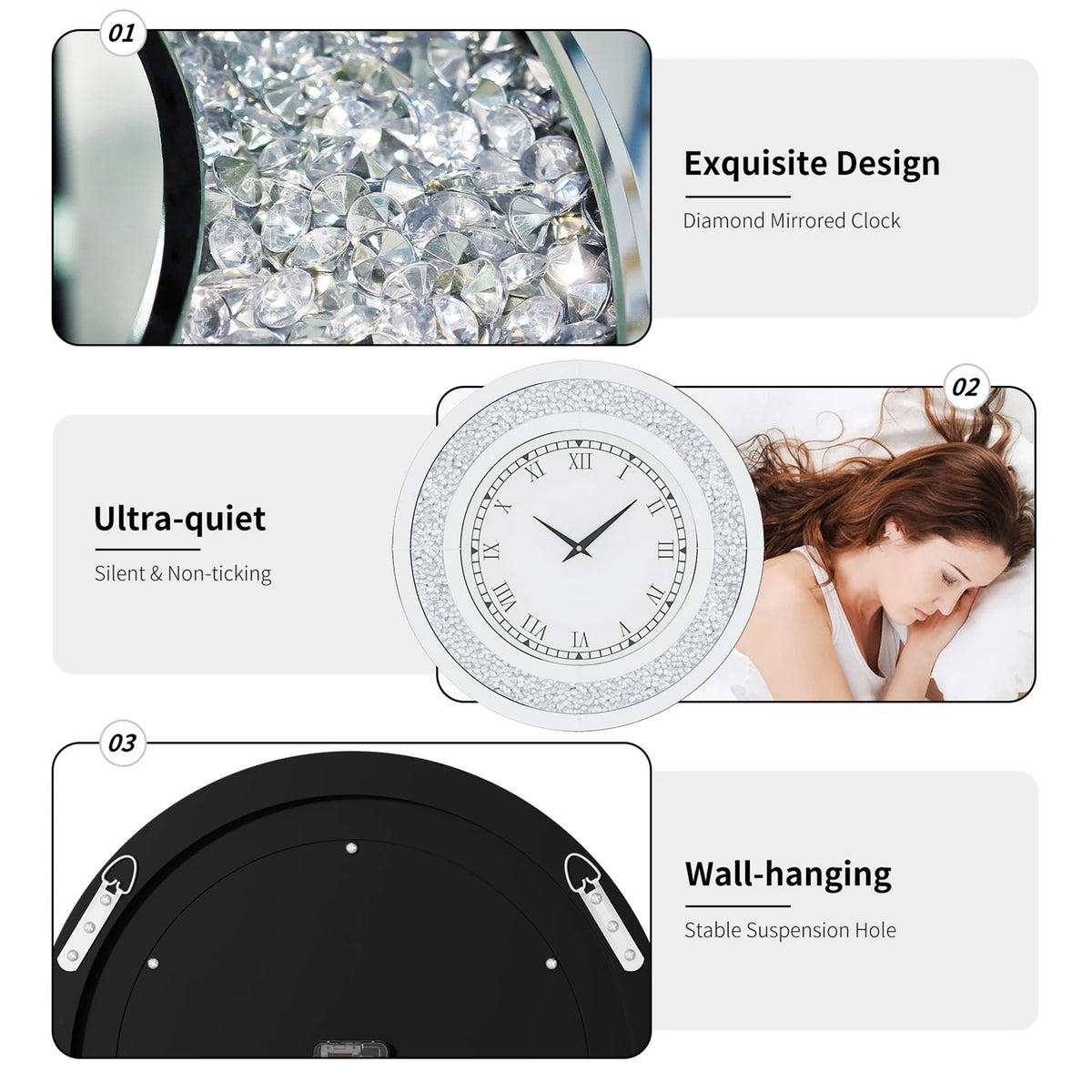 Elegant Mirrored Wall Clock – Crystal-Inspired Decorative Round Clock