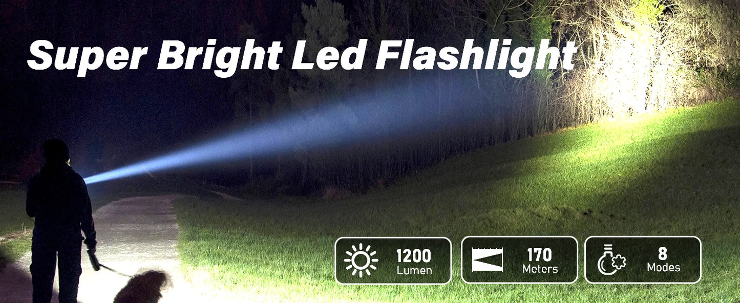 Rechargeable Tactical LED Flashlight .2000 Lumen Long-Range USB-C Flashlight