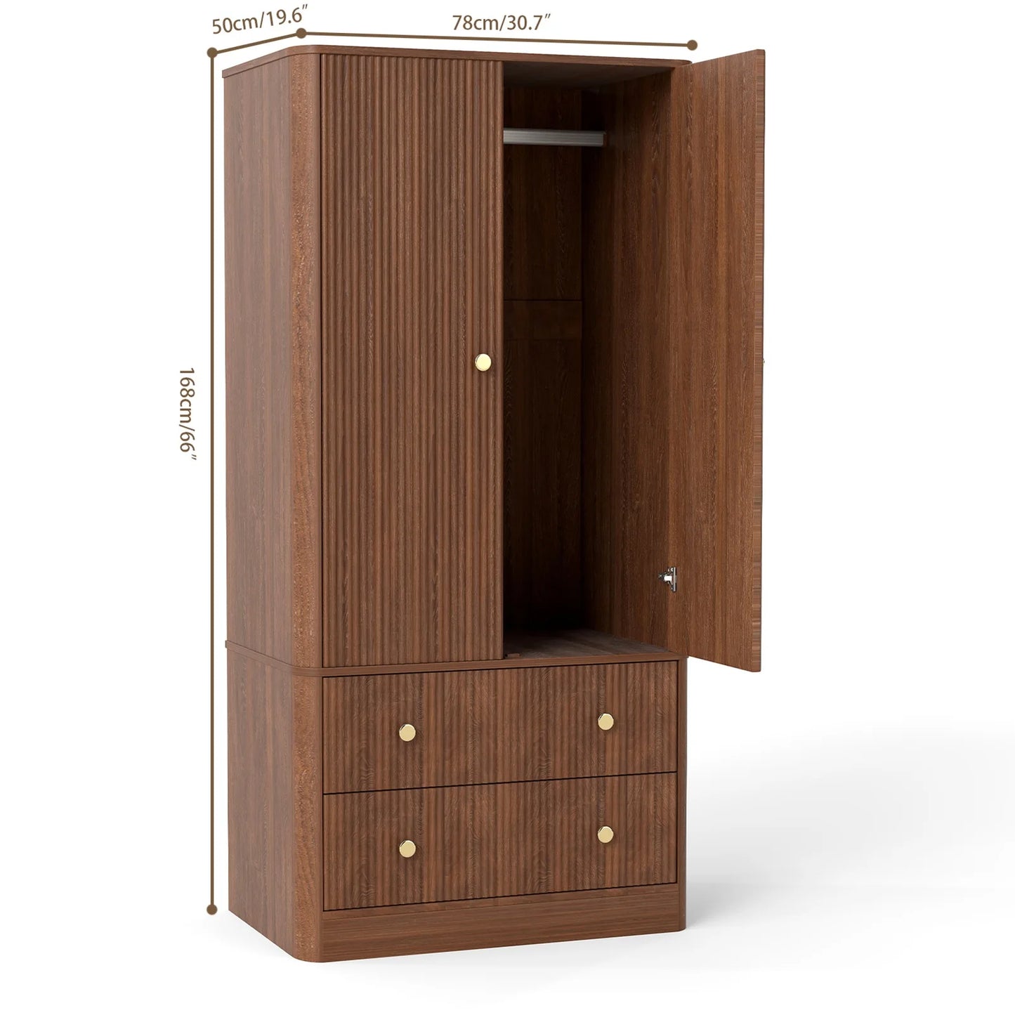 Clothing Wardrobe 2 Doors 2 Drawers Elegant Wooden Freestanding Storage Cabinet for Bedroom Living Room Office Walnut