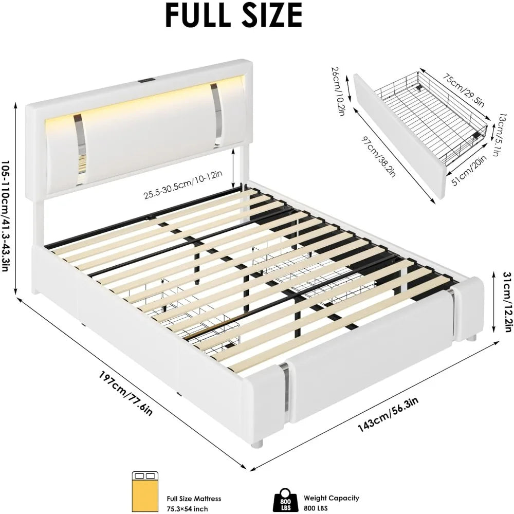 "contemporary rgb led illuminated bed frame with storage drawers and upholstered leatherette platform bed"