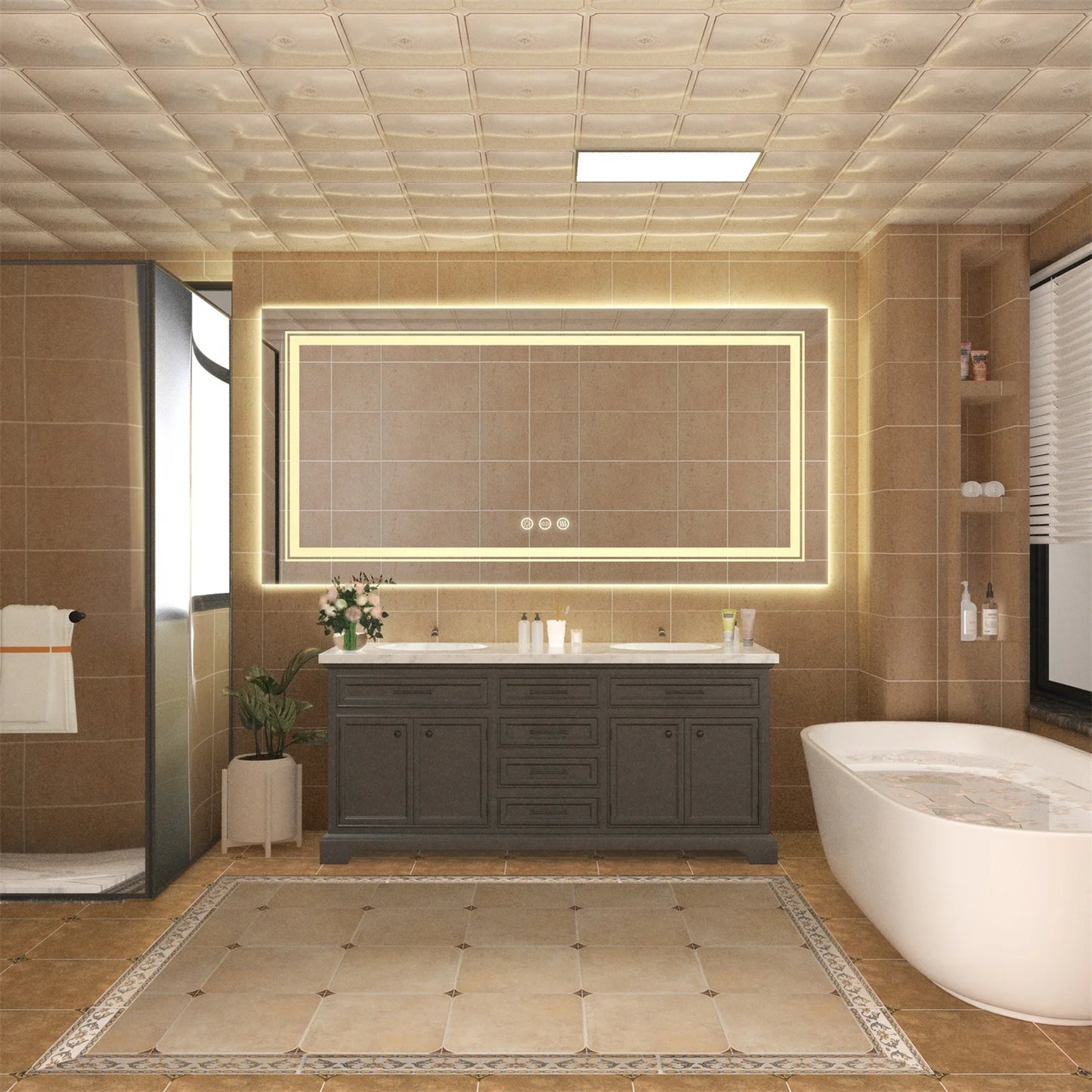 63" x 32" Extra Large LED Light Backlit Bathroom Mirror Dual Lights Makeup Anti-Fog Memory 3 Colors Dimmable With Touch Button