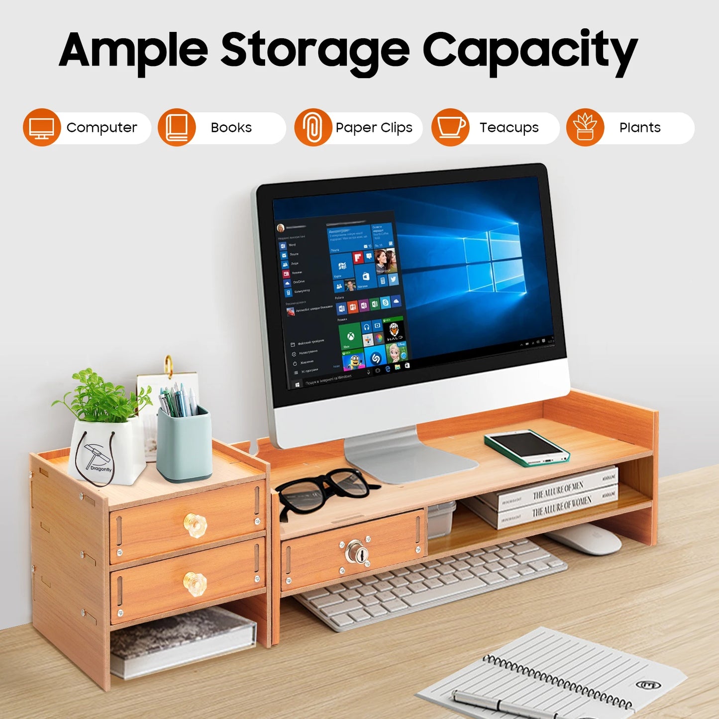 Computer Monitor Stand with Storage Drawers, Wooden Desktop Monitor Riser & Laptop Stand Organizer for Home Office