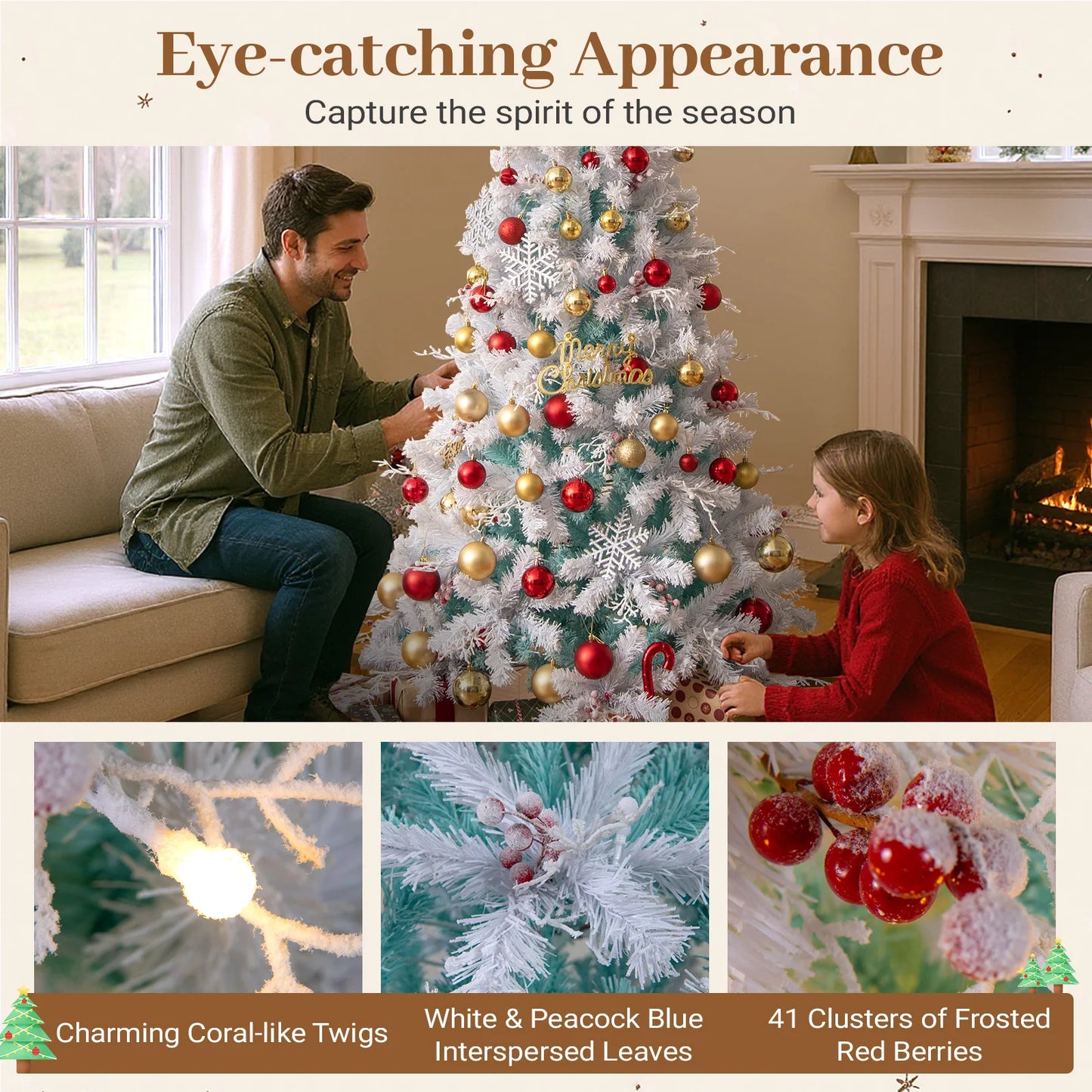 6FT–7FT Pre-Lit Snow Flocked Artificial Christmas Tree . Premium Holiday Tree with Warm White Lights  Description:
