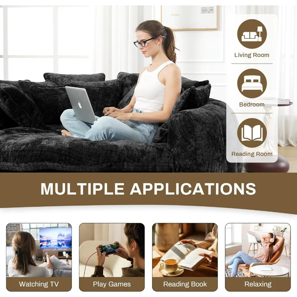 Oversized Round Chaise Lounge, Plush Lazy Bean Bag Sofa with 14 Pillows, Comfortable Chenille Upholstered Barrel Sleeper Bed