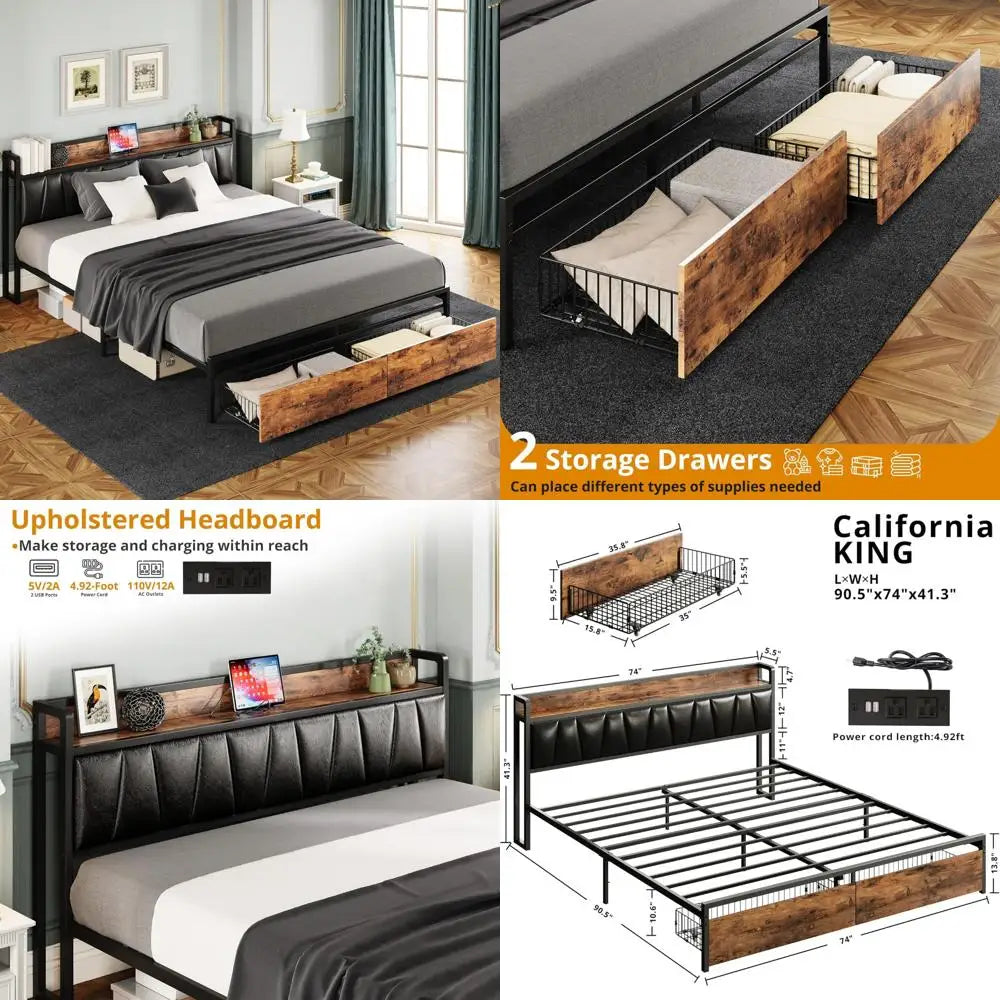 "california king platform bed frame with storage headboard and charging station, drawers included, no box spring required"