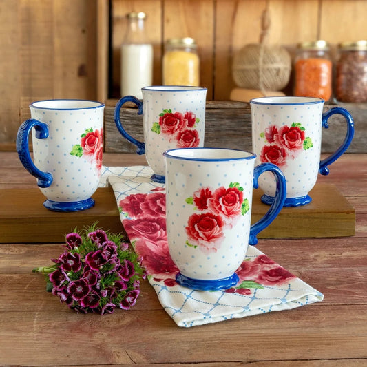 Heritage Floral 4-Piece Mug Set Vintage Coffee Tea Cups Dishwasher Microwave Safe Stoneware Charming Gift Kitchen Essentials